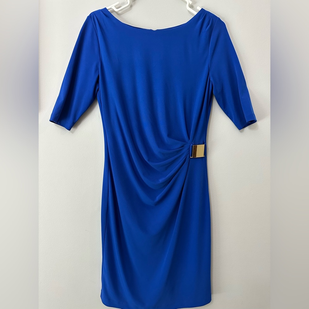 Tahara Arthur S. Lavine Dress Royal Blue with Gathered Waist & Gold Buckle 6P